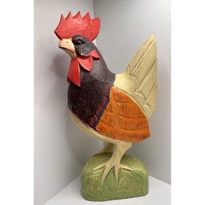 Wood Carved Rooster Figure Chicken Sculpture Farmhouse Rustic Home Decor (Bx 5)